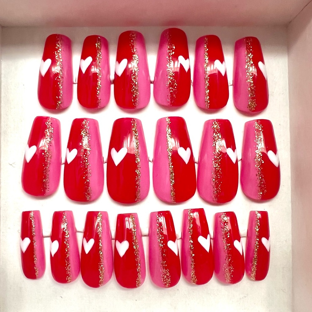 Red & Pink Heart Press On Nails! ❤️🤍💖💅🏻🤩 Apres Sculpted- Coffin - Medium